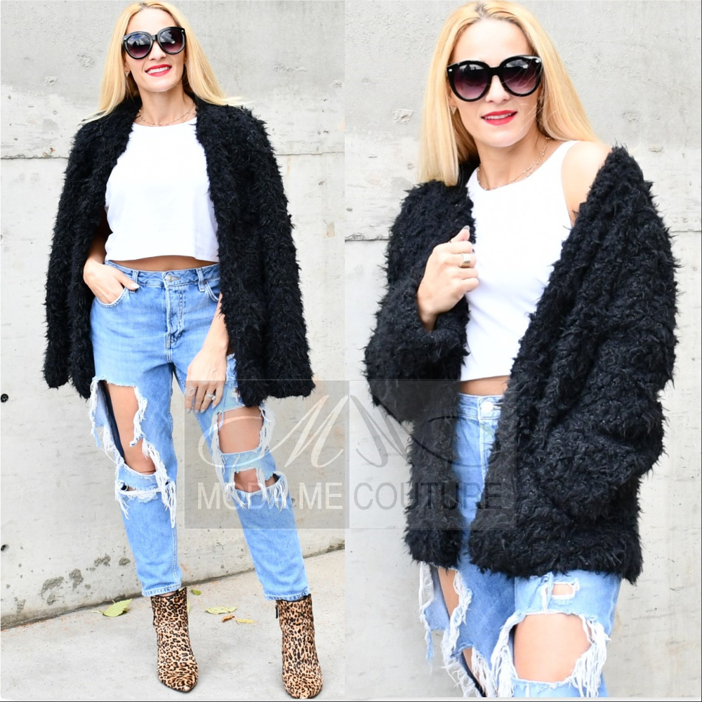 LANA Faux Fur Coat - BLACK - Picture 2 of 4